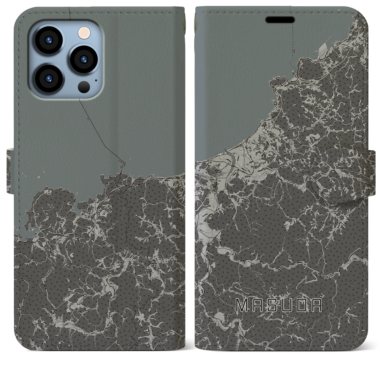 【益田(島根県)】地図柄iPhoneケース(手帳タイプ)モノトーン・iPhone 13 Pro Max 用