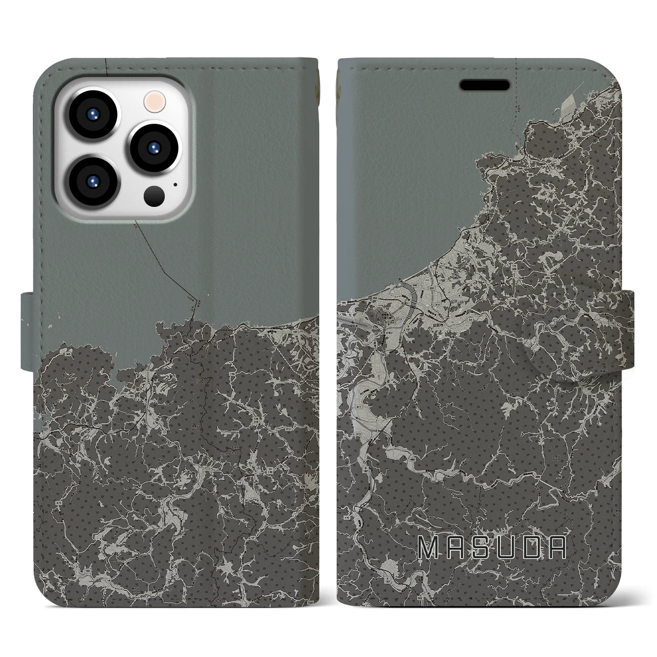 【益田(島根県)】地図柄iPhoneケース(手帳タイプ)モノトーン・iPhone 13 Pro 用
