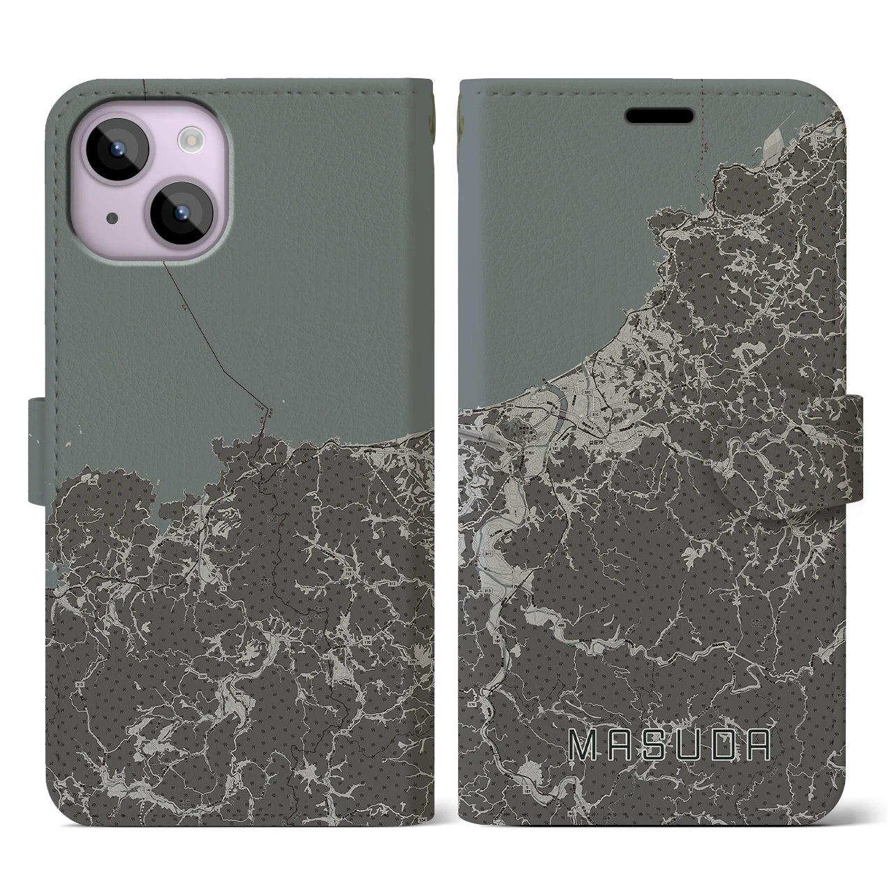 【益田(島根県)】地図柄iPhoneケース(手帳タイプ)モノトーン・iPhone 14 用
