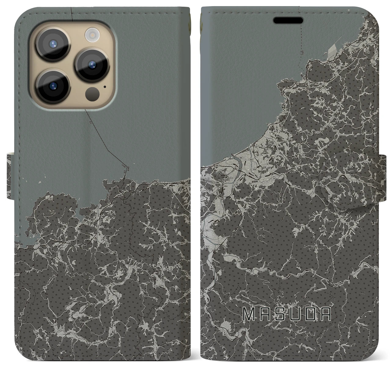 【益田(島根県)】地図柄iPhoneケース(手帳タイプ)モノトーン・iPhone 14 Pro Max 用