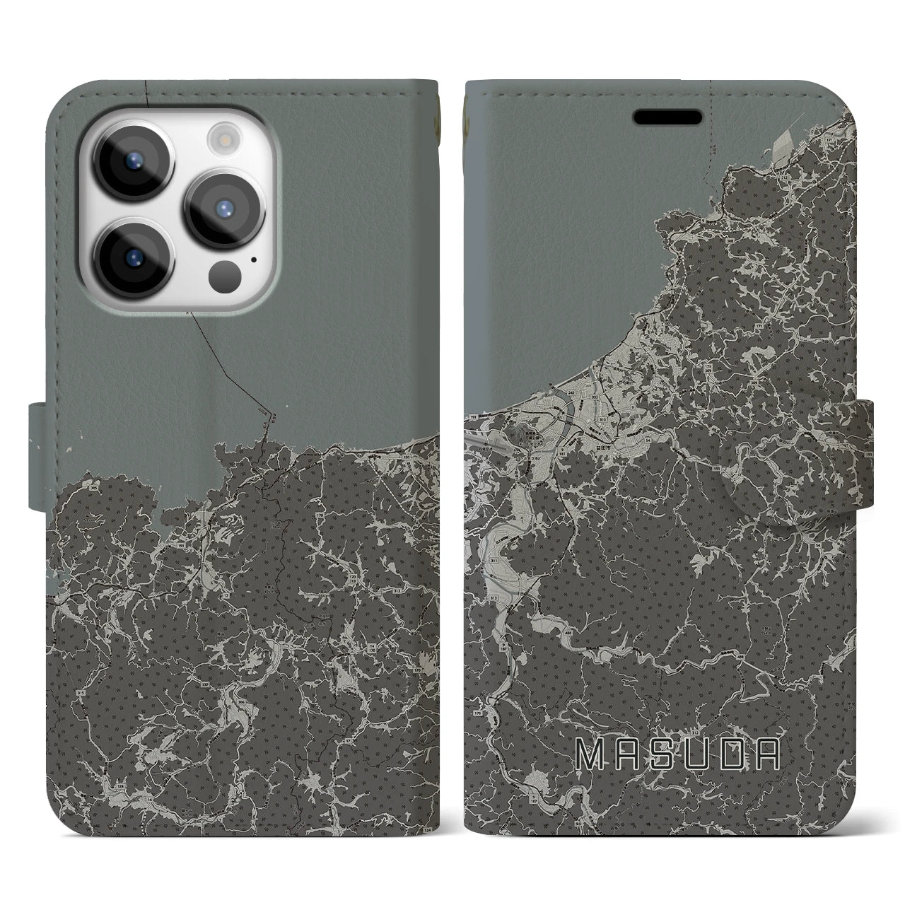 【益田(島根県)】地図柄iPhoneケース(手帳タイプ)モノトーン・iPhone 14 Pro 用