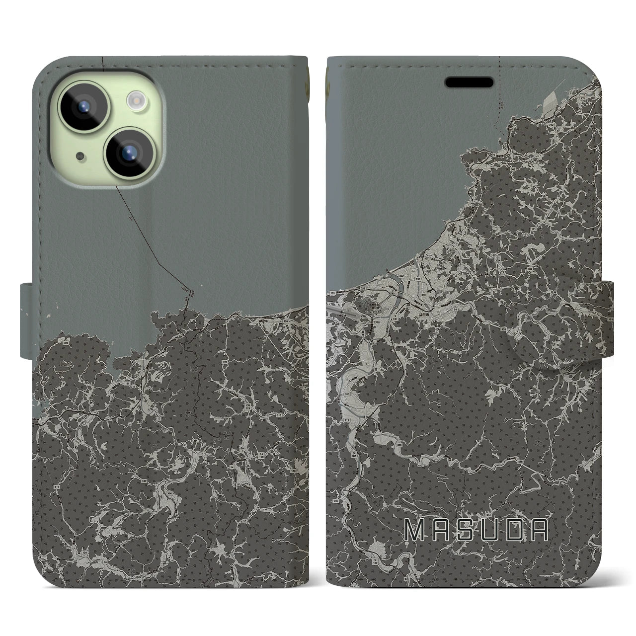 【益田(島根県)】地図柄iPhoneケース(手帳タイプ)モノトーン・iPhone 15 用