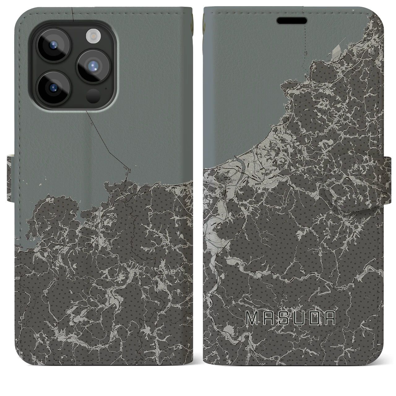 【益田(島根県)】地図柄iPhoneケース(手帳タイプ)モノトーン・iPhone 15 Pro Max 用