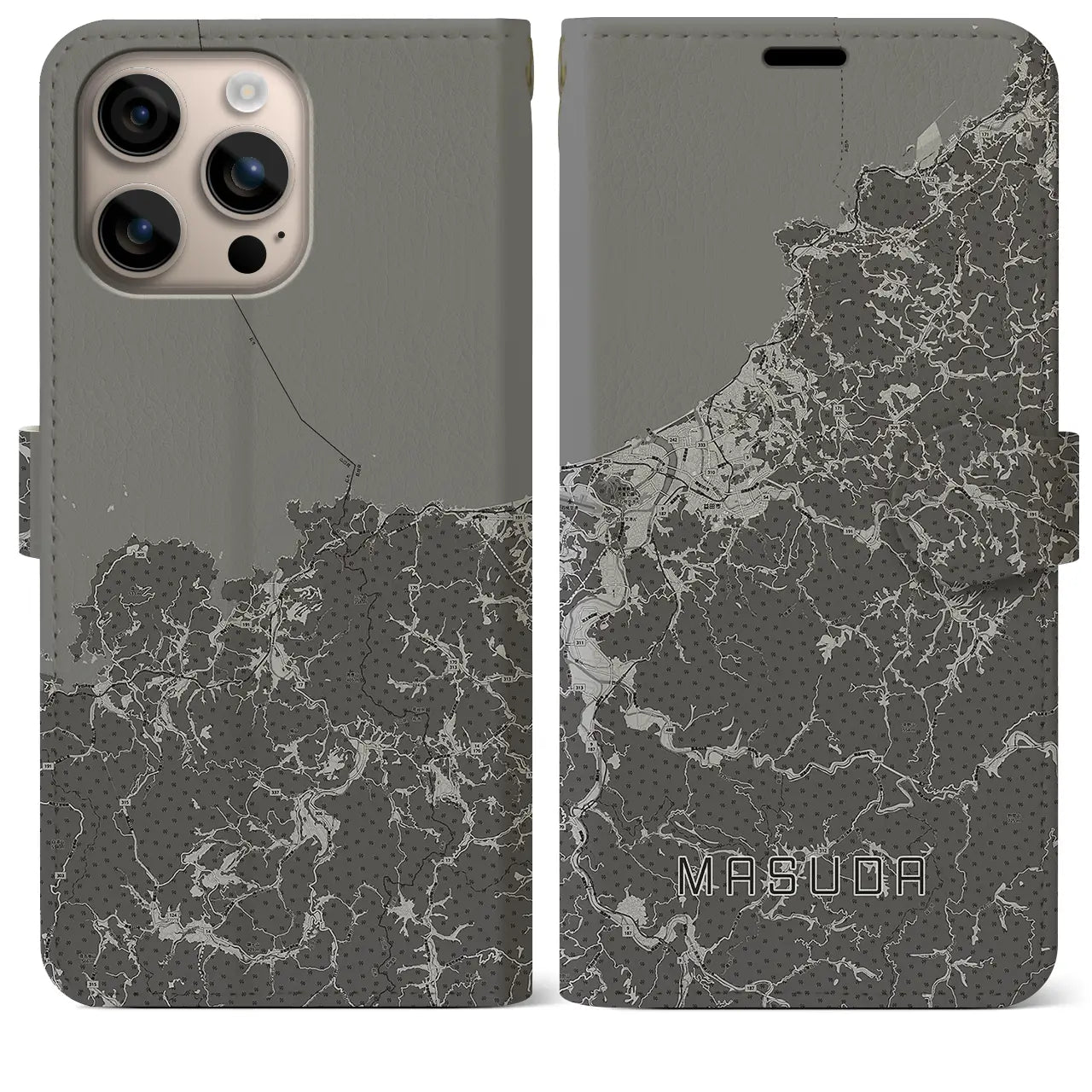 【益田(島根県)】地図柄iPhoneケース(手帳タイプ)モノトーン・iPhone 16 Plus 用