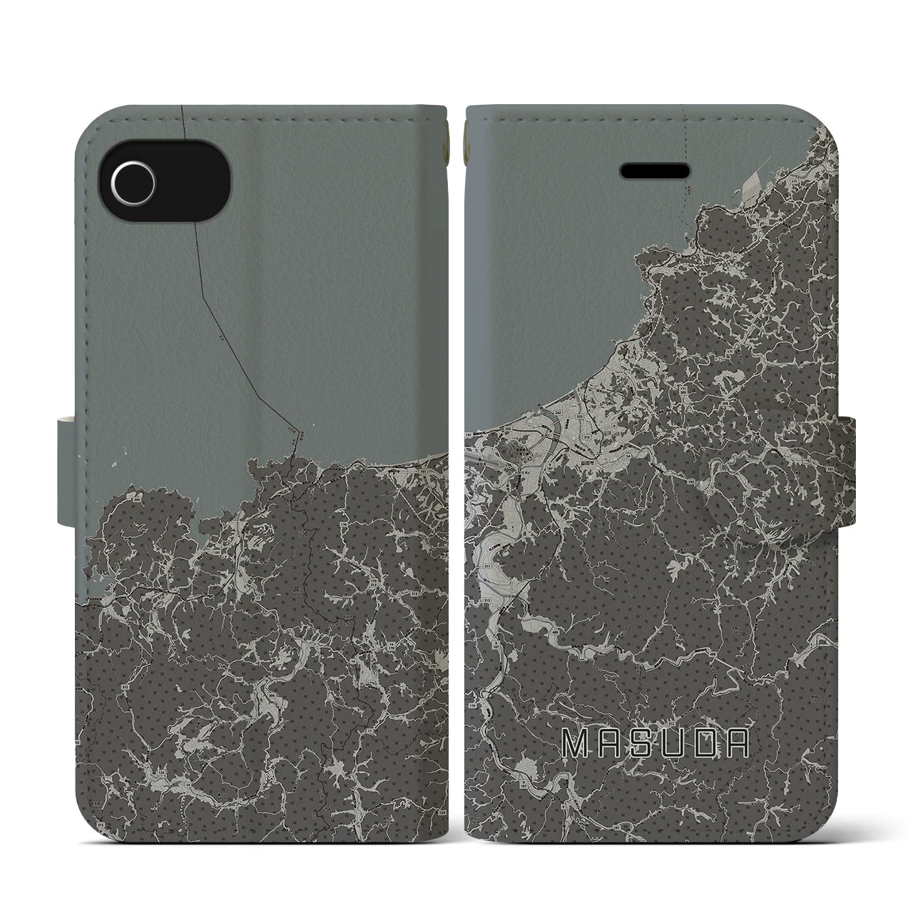 【益田(島根県)】地図柄iPhoneケース(手帳タイプ)モノトーン・iPhone SE(第3 / 第2世代) / 8 / 7 / 6s / 6 用