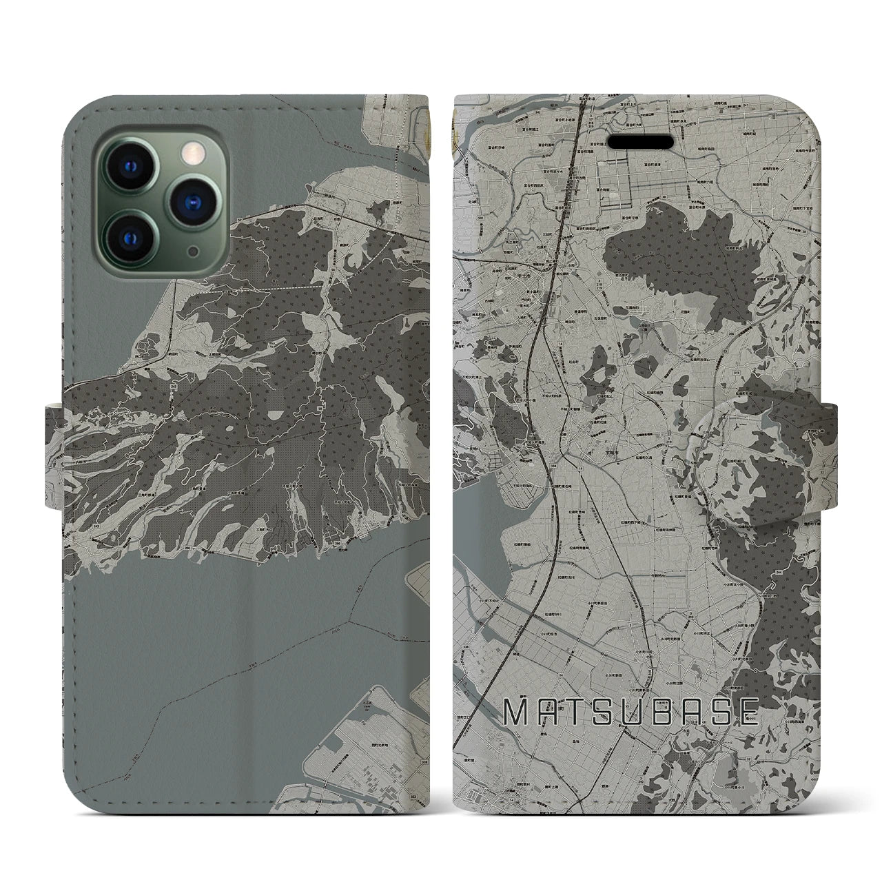 【松橋(熊本県)】地図柄iPhoneケース(手帳タイプ)モノトーン・iPhone 11 Pro 用