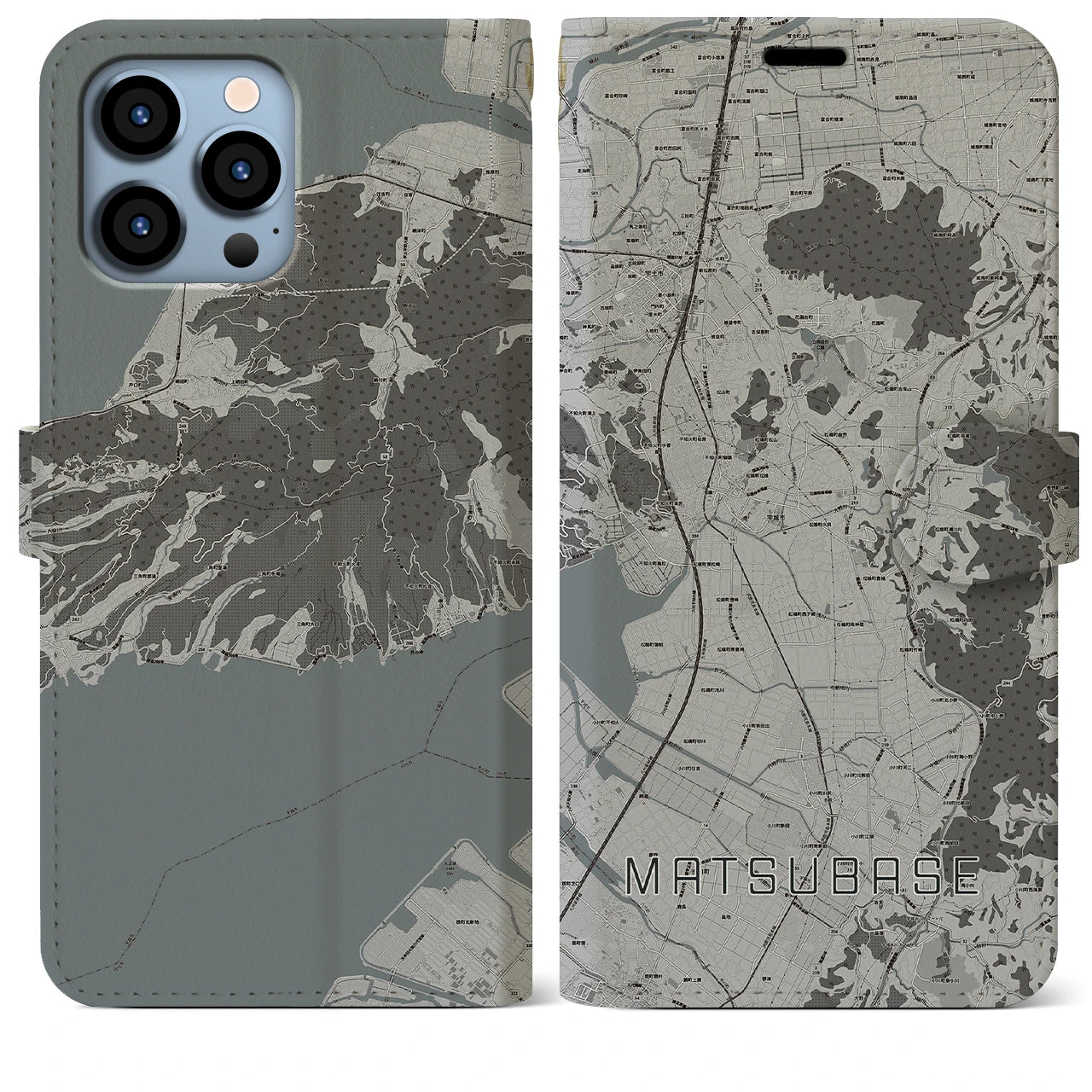 【松橋(熊本県)】地図柄iPhoneケース(手帳タイプ)モノトーン・iPhone 13 Pro Max 用