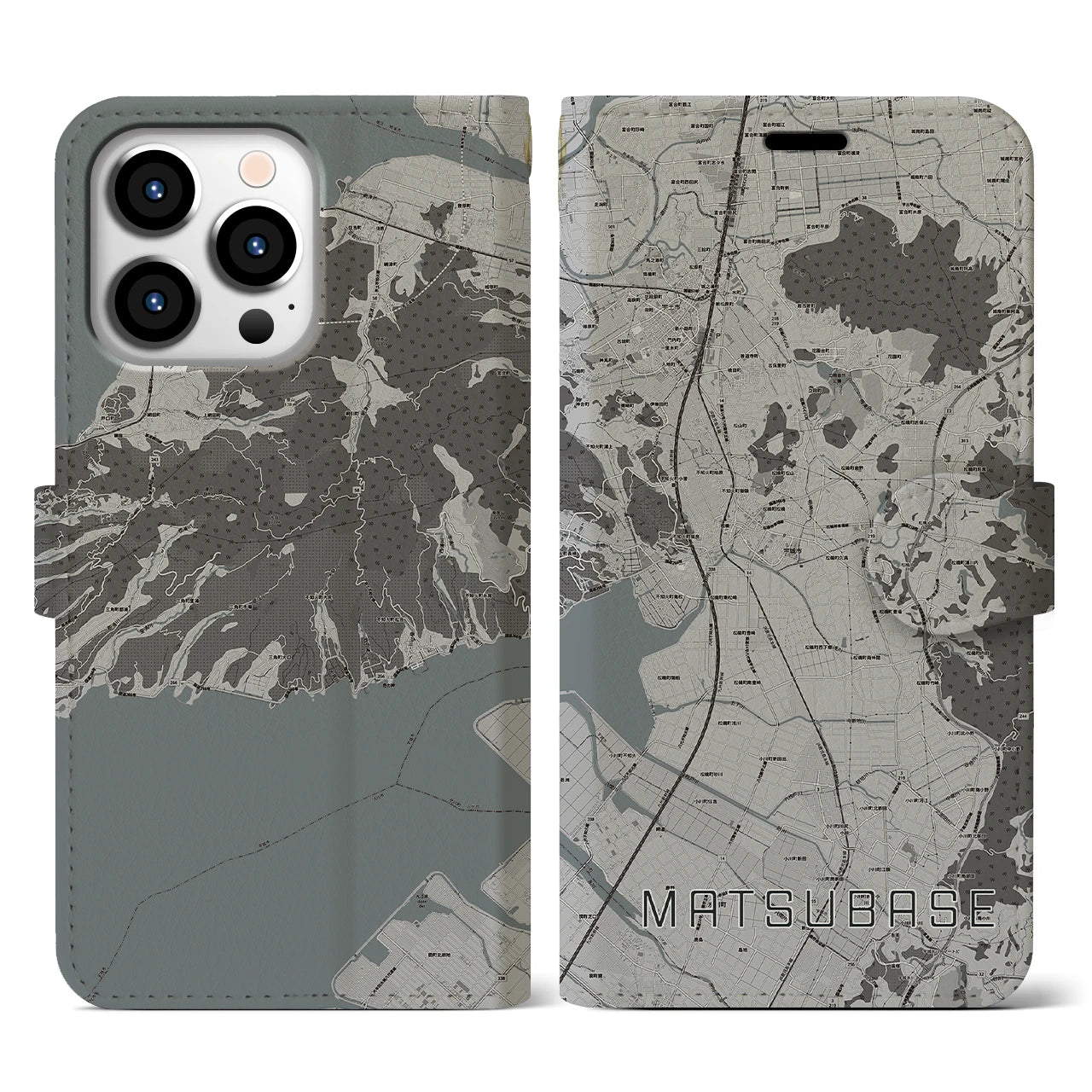 【松橋(熊本県)】地図柄iPhoneケース(手帳タイプ)モノトーン・iPhone 13 Pro 用