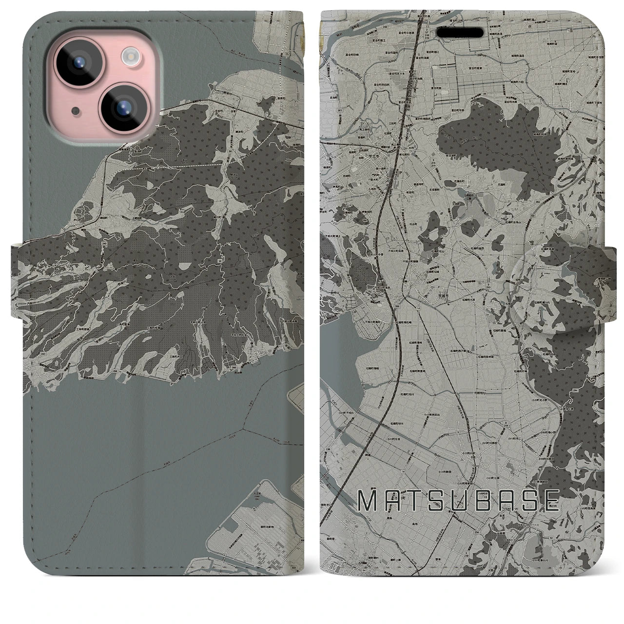 【松橋(熊本県)】地図柄iPhoneケース(手帳タイプ)モノトーン・iPhone 15 Plus 用