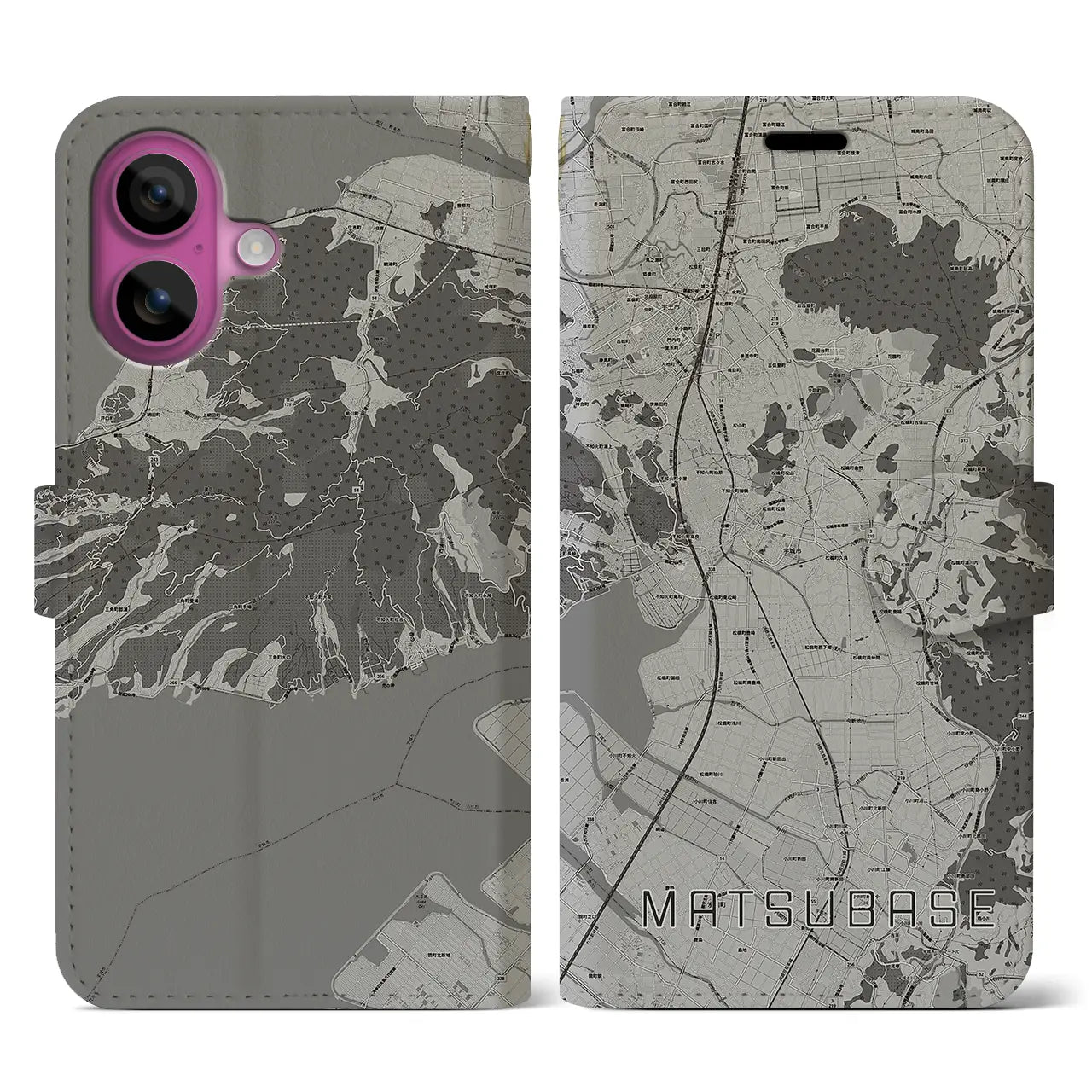 【松橋(熊本県)】地図柄iPhoneケース(手帳タイプ)モノトーン・iPhone 16 Pro 用