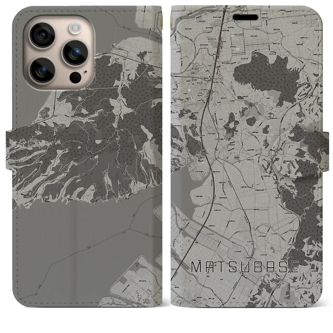 【松橋(熊本県)】地図柄iPhoneケース(手帳タイプ)モノトーン・iPhone 16 Plus 用