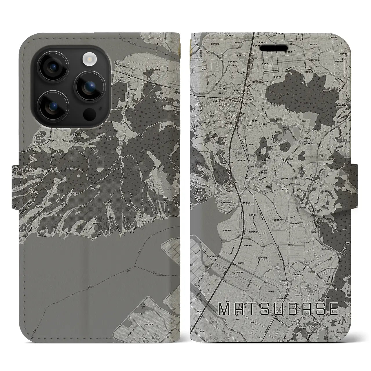 【松橋(熊本県)】地図柄iPhoneケース(手帳タイプ)モノトーン・iPhone 16 用