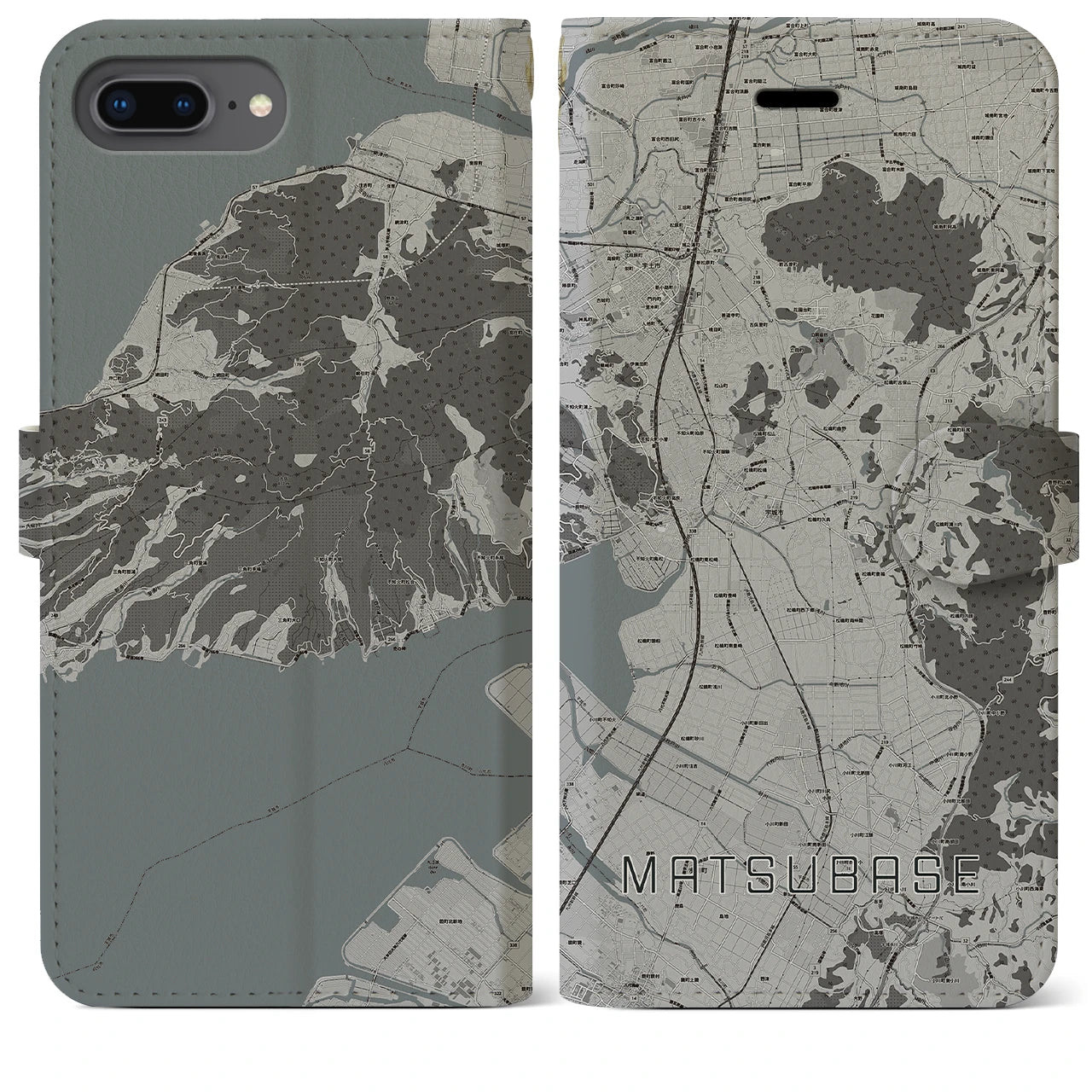 【松橋(熊本県)】地図柄iPhoneケース(手帳タイプ)モノトーン・iPhone 8Plus /7Plus / 6sPlus / 6Plus 用