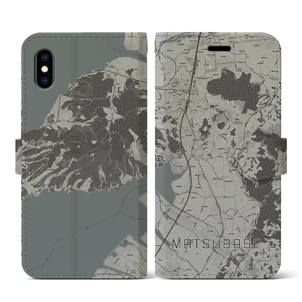 【松橋(熊本県)】地図柄iPhoneケース(手帳タイプ)モノトーン・iPhone XS / X 用