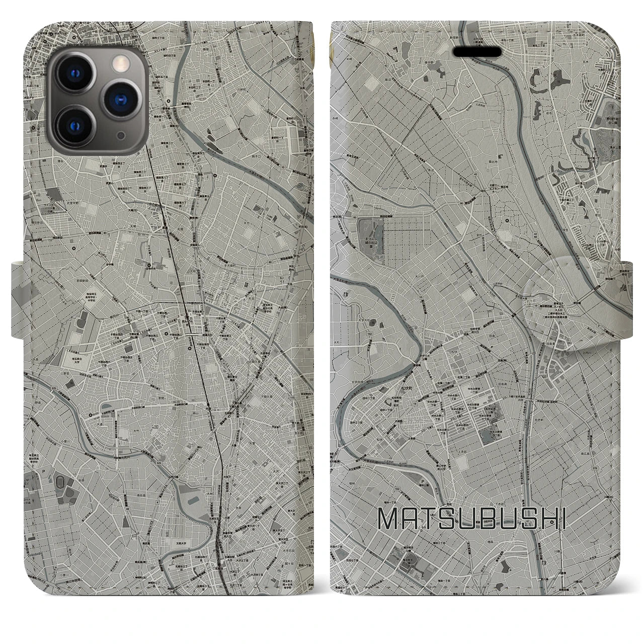 【松伏(埼玉県)】地図柄iPhoneケース(手帳タイプ)モノトーン・iPhone 11 Pro Max 用