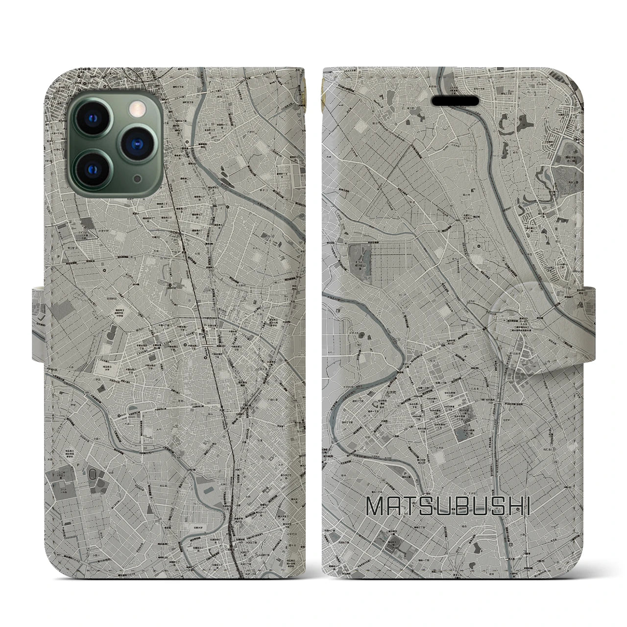 【松伏(埼玉県)】地図柄iPhoneケース(手帳タイプ)モノトーン・iPhone 11 Pro 用