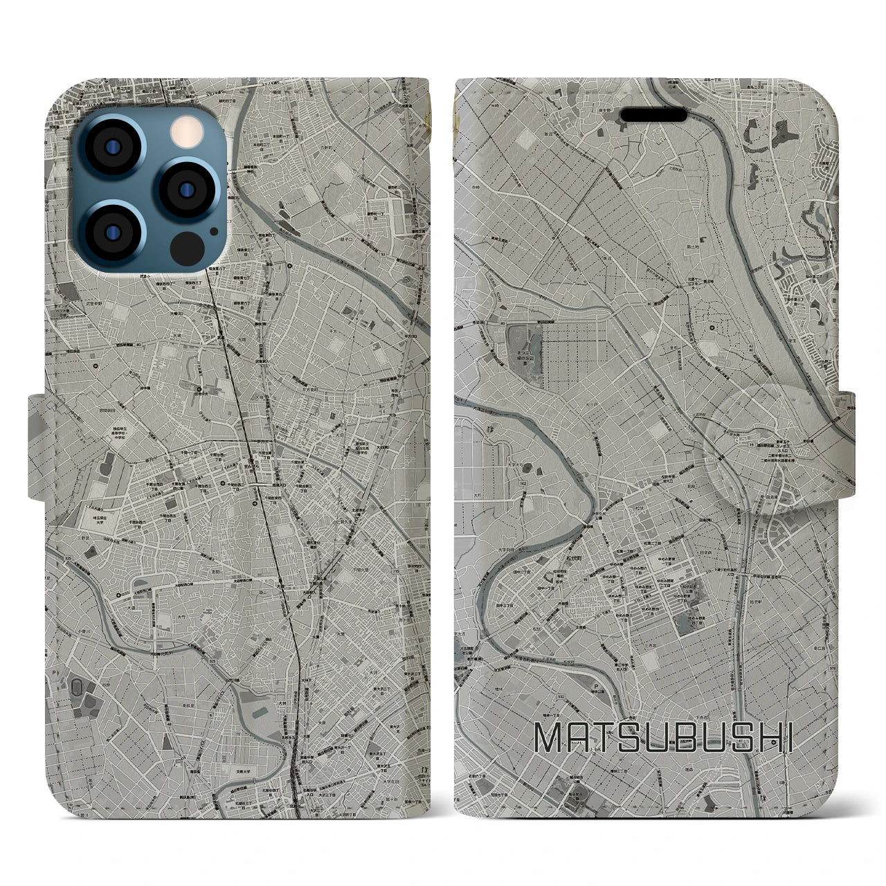 【松伏(埼玉県)】地図柄iPhoneケース(手帳タイプ)モノトーン・iPhone 12 / 12 Pro 用