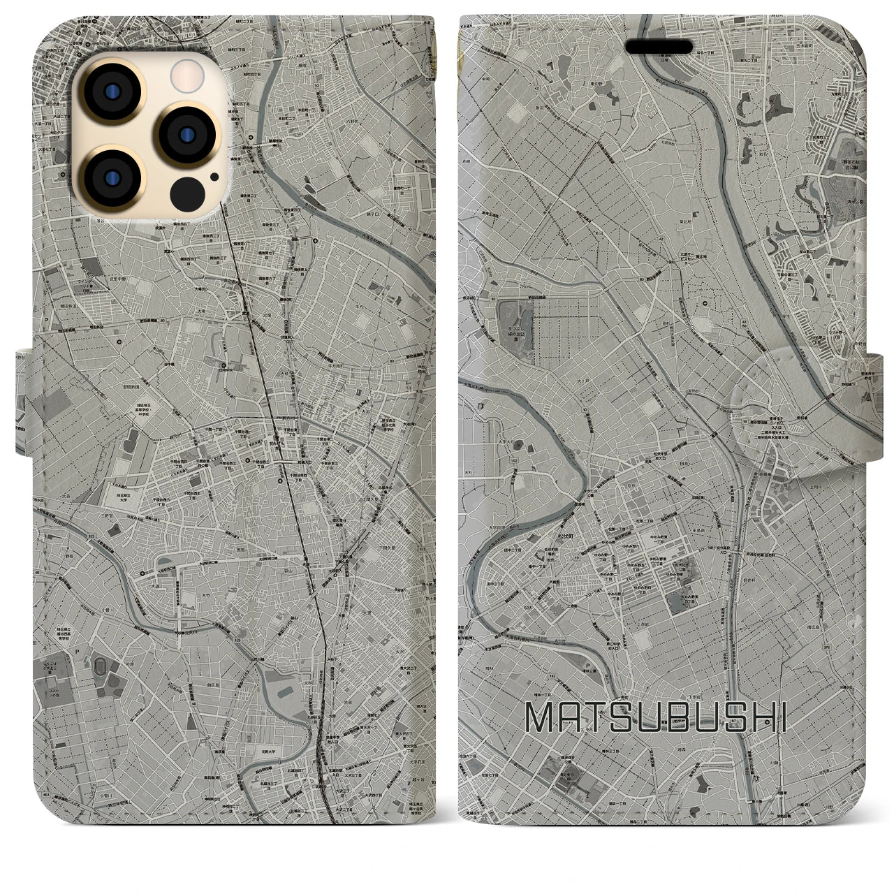 【松伏(埼玉県)】地図柄iPhoneケース(手帳タイプ)モノトーン・iPhone 12 Pro Max 用