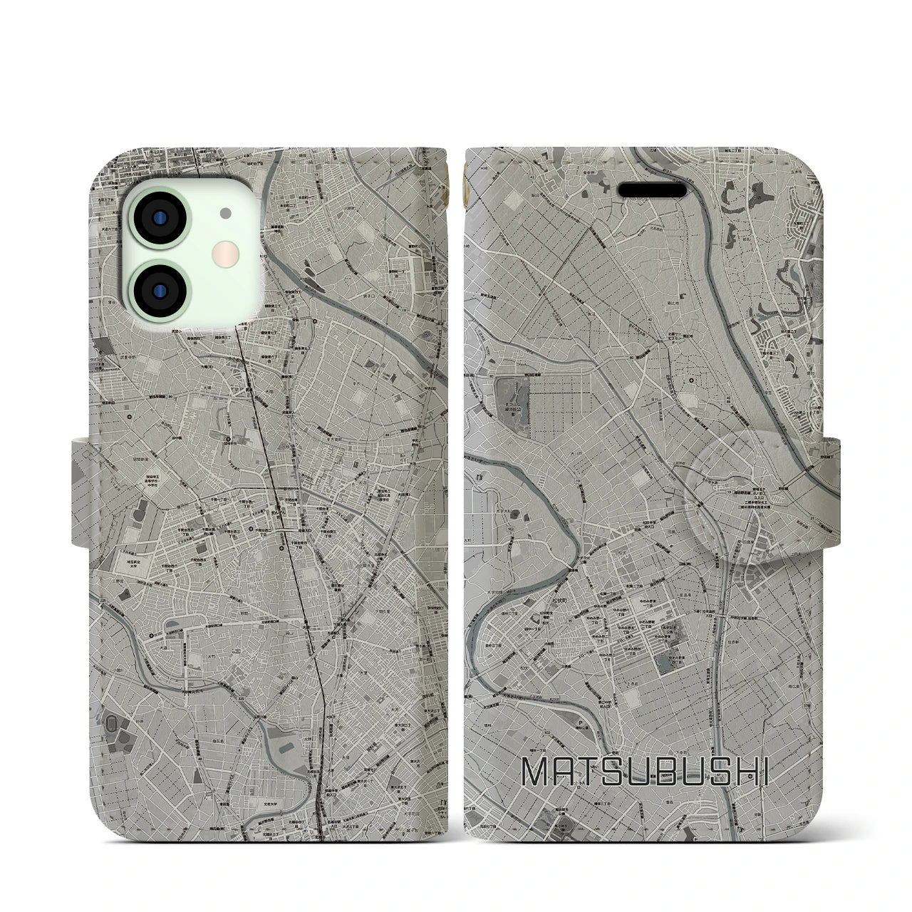 【松伏(埼玉県)】地図柄iPhoneケース(手帳タイプ)モノトーン・iPhone 12 mini 用
