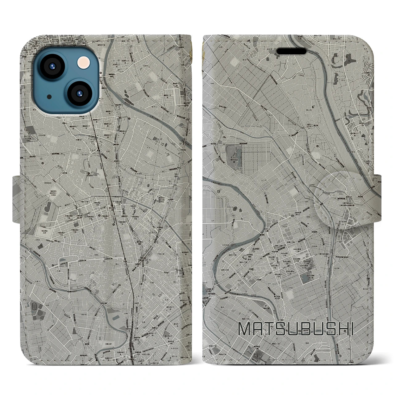 【松伏(埼玉県)】地図柄iPhoneケース(手帳タイプ)モノトーン・iPhone 13 用