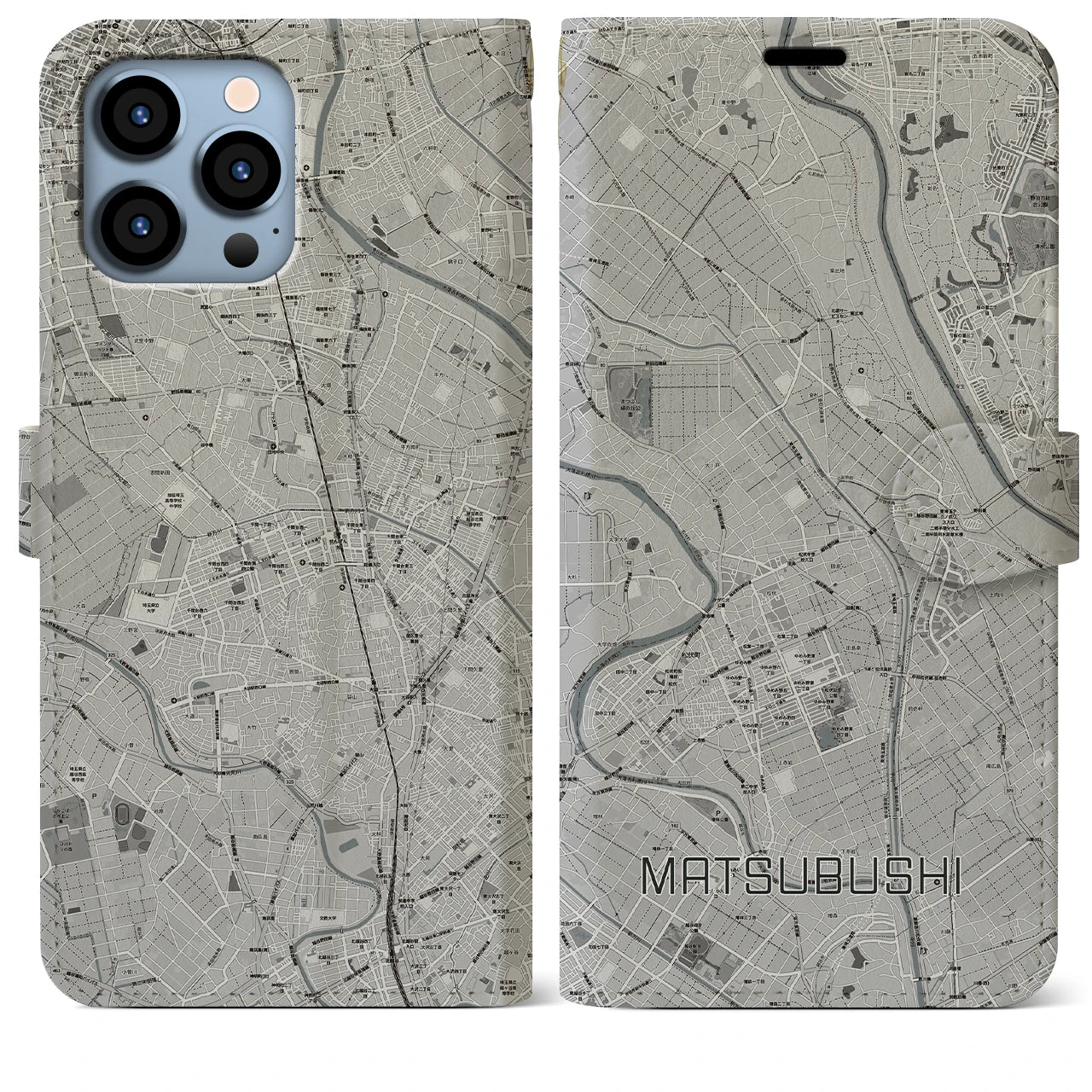 【松伏(埼玉県)】地図柄iPhoneケース(手帳タイプ)モノトーン・iPhone 13 Pro Max 用