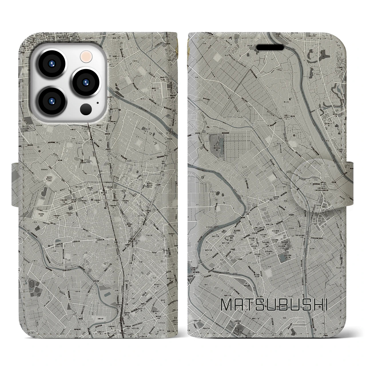 【松伏(埼玉県)】地図柄iPhoneケース(手帳タイプ)モノトーン・iPhone 13 Pro 用