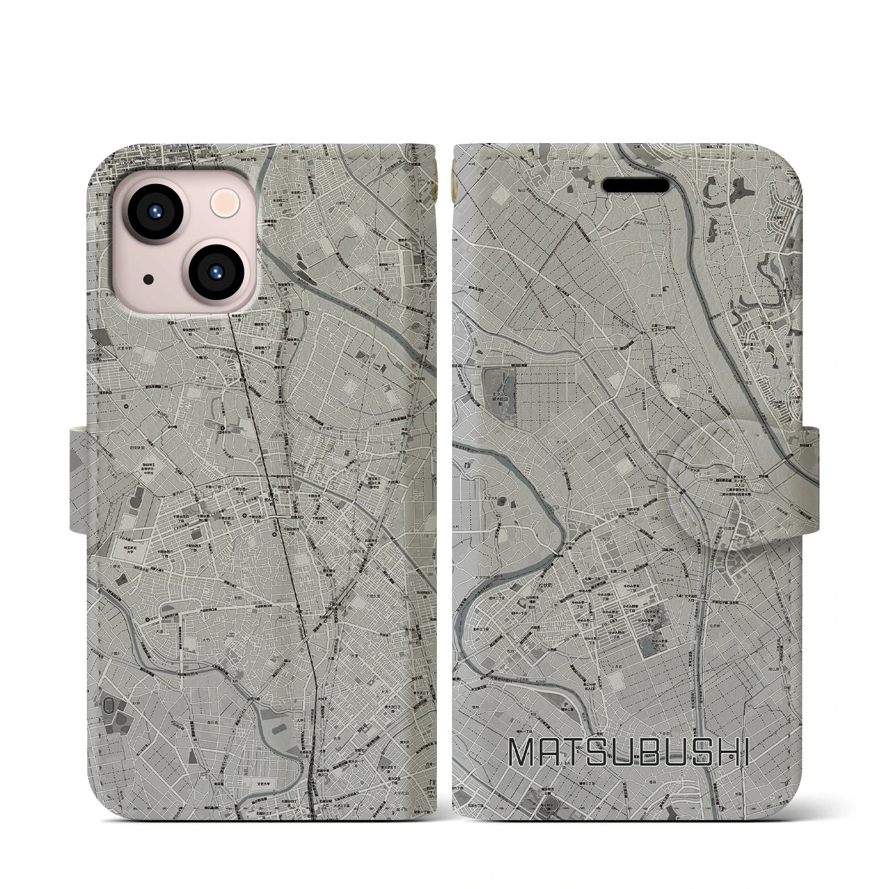 【松伏(埼玉県)】地図柄iPhoneケース(手帳タイプ)モノトーン・iPhone 13 mini 用