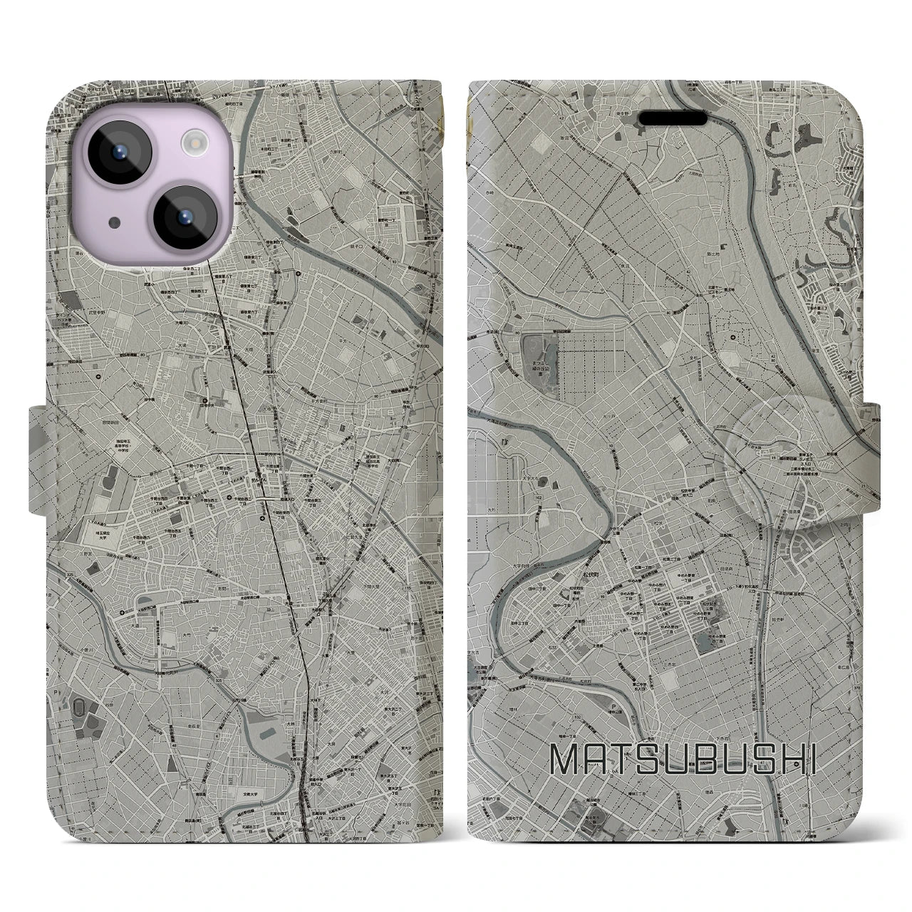 【松伏(埼玉県)】地図柄iPhoneケース(手帳タイプ)モノトーン・iPhone 14 用