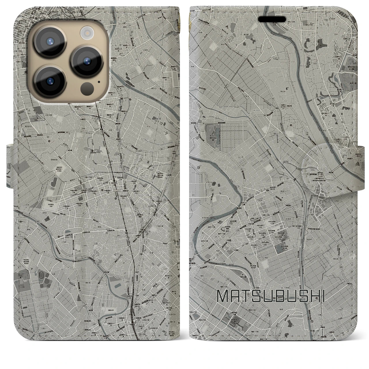 【松伏(埼玉県)】地図柄iPhoneケース(手帳タイプ)モノトーン・iPhone 14 Pro Max 用