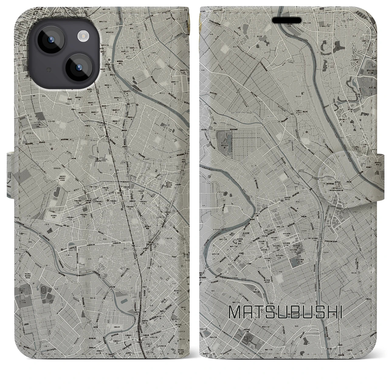【松伏(埼玉県)】地図柄iPhoneケース(手帳タイプ)モノトーン・iPhone 14 Plus 用