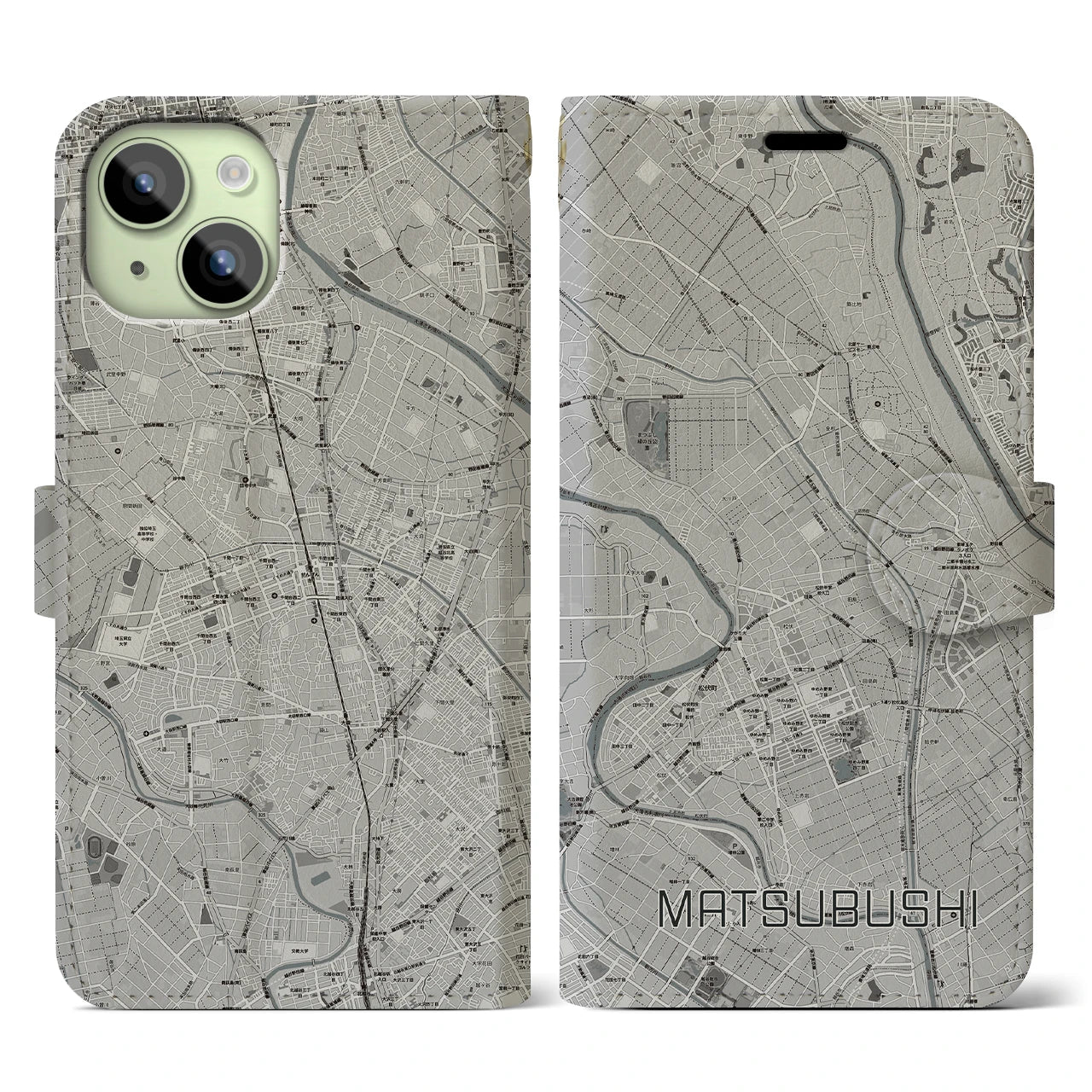【松伏(埼玉県)】地図柄iPhoneケース(手帳タイプ)モノトーン・iPhone 15 用