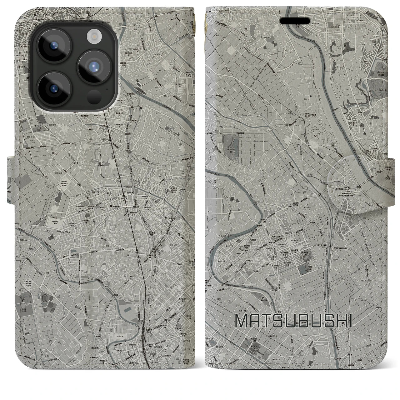 【松伏(埼玉県)】地図柄iPhoneケース(手帳タイプ)モノトーン・iPhone 15 Pro Max 用