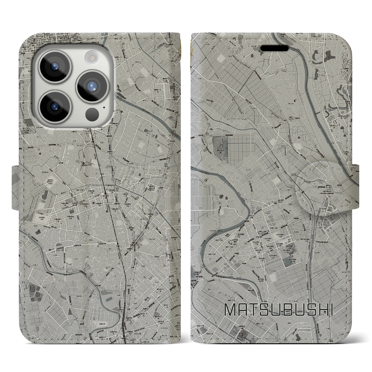 【松伏(埼玉県)】地図柄iPhoneケース(手帳タイプ)モノトーン・iPhone 15 Pro 用