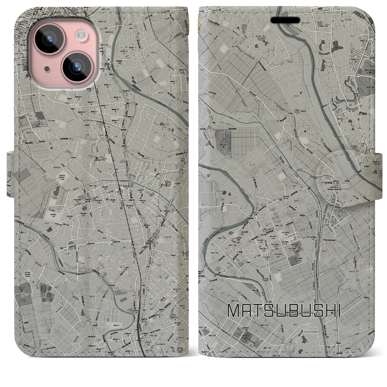 【松伏(埼玉県)】地図柄iPhoneケース(手帳タイプ)モノトーン・iPhone 15 Plus 用