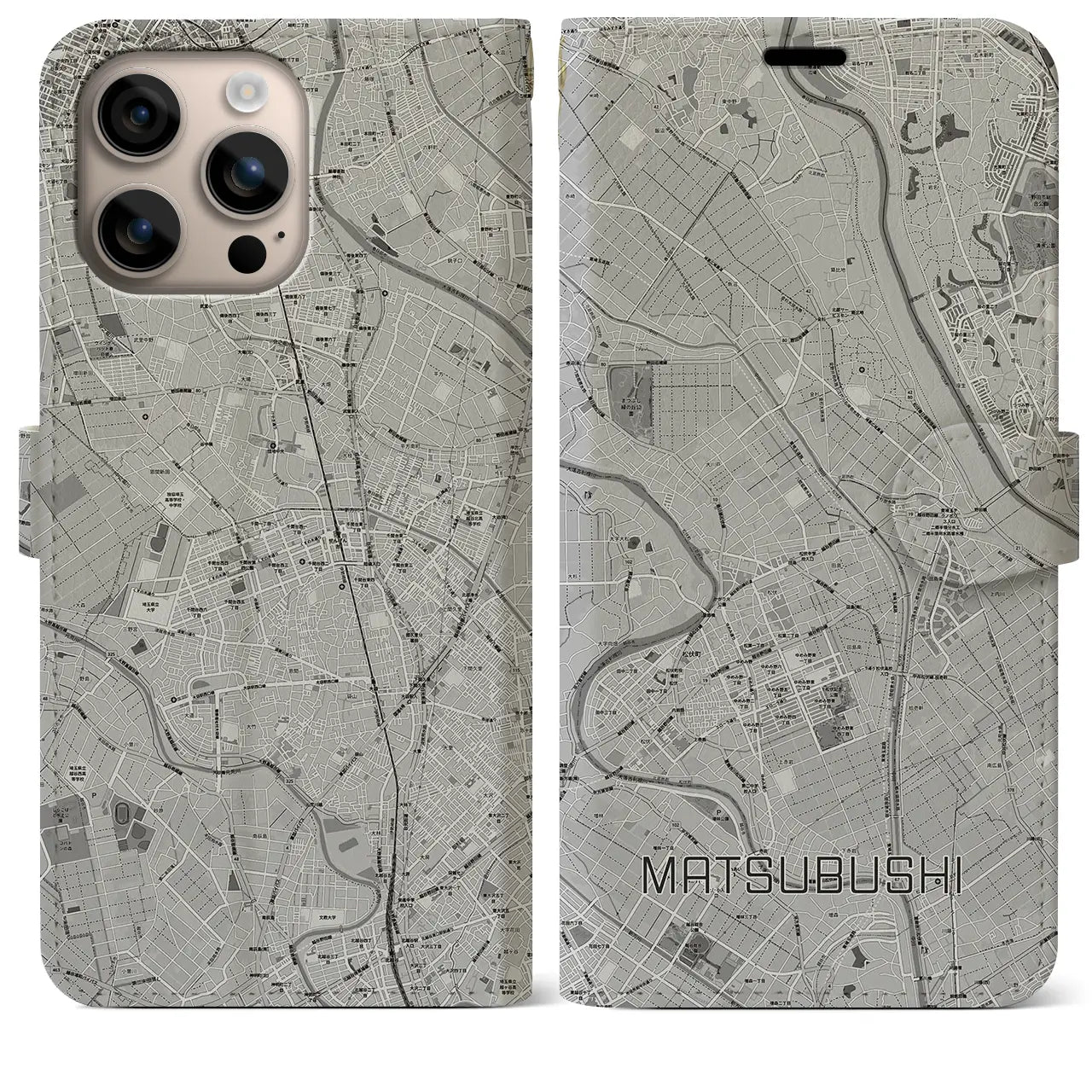 【松伏(埼玉県)】地図柄iPhoneケース(手帳タイプ)モノトーン・iPhone 16 Plus 用