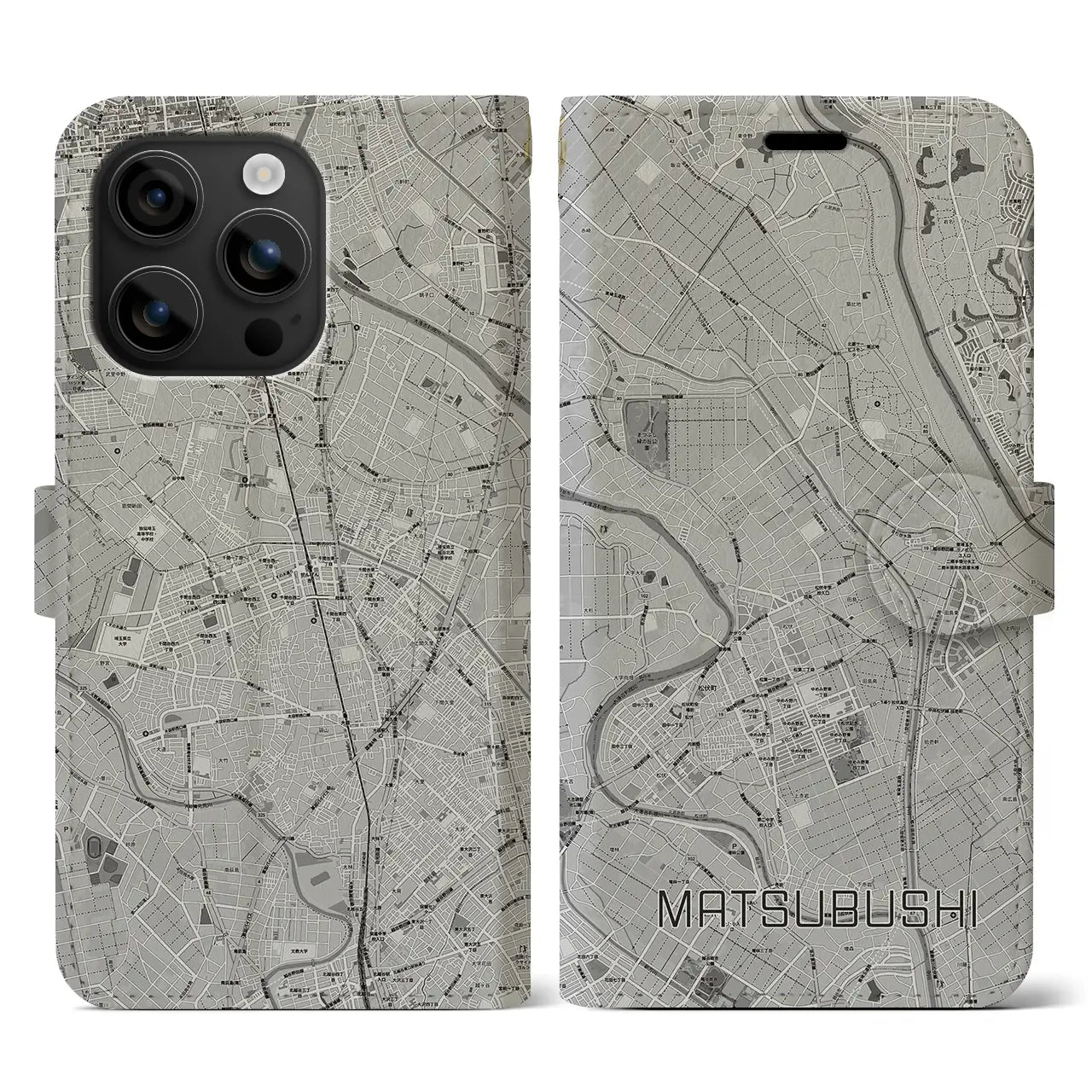 【松伏(埼玉県)】地図柄iPhoneケース(手帳タイプ)モノトーン・iPhone 16 用