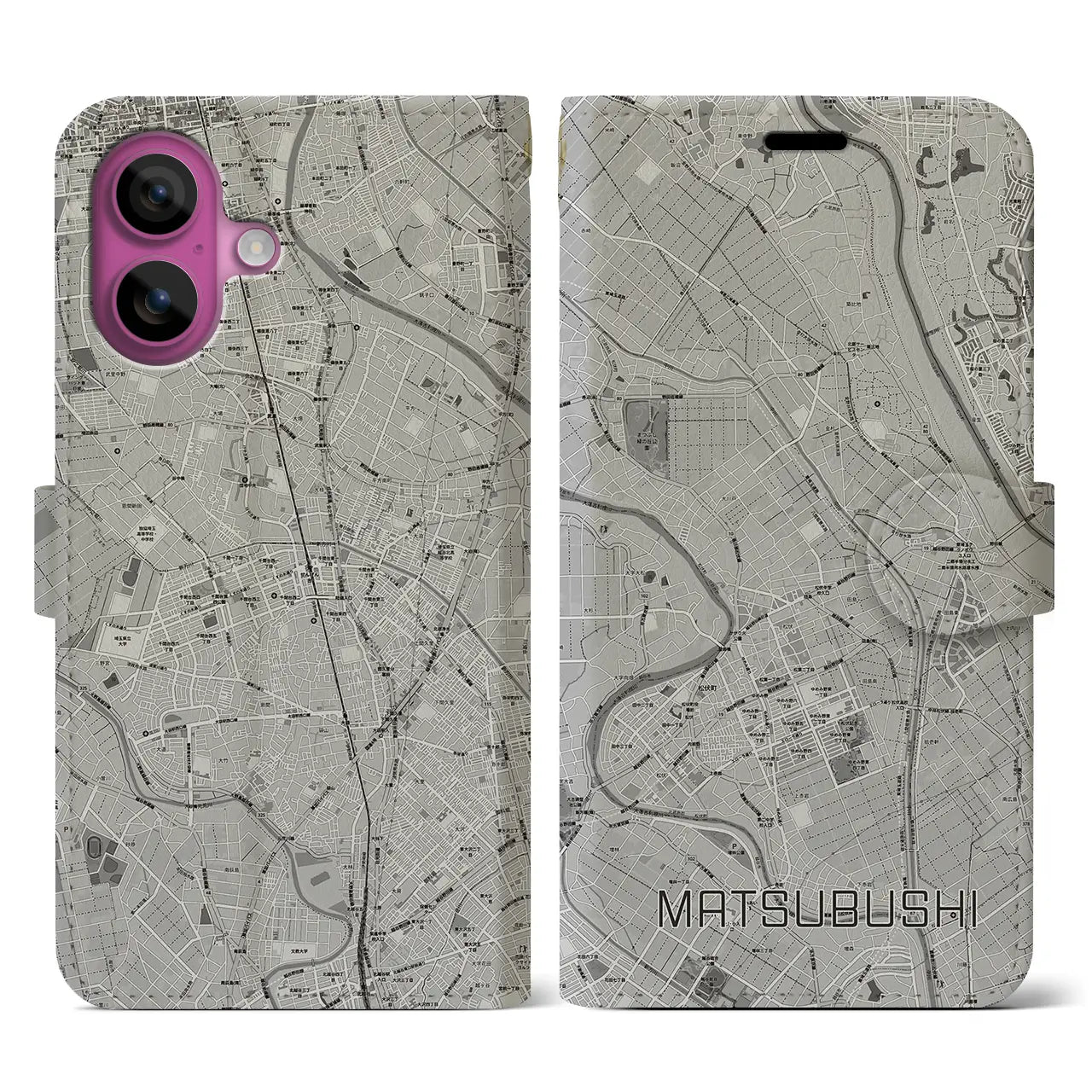 【松伏(埼玉県)】地図柄iPhoneケース(手帳タイプ)モノトーン・iPhone 16 Pro 用
