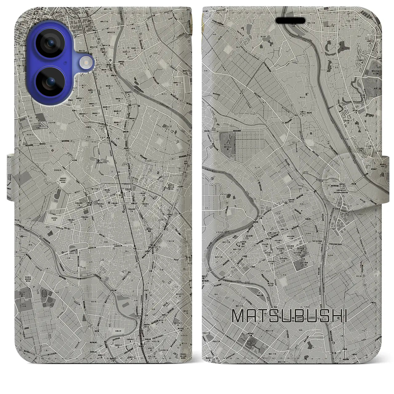 【松伏(埼玉県)】地図柄iPhoneケース(手帳タイプ)モノトーン・iPhone 16 Pro Max 用