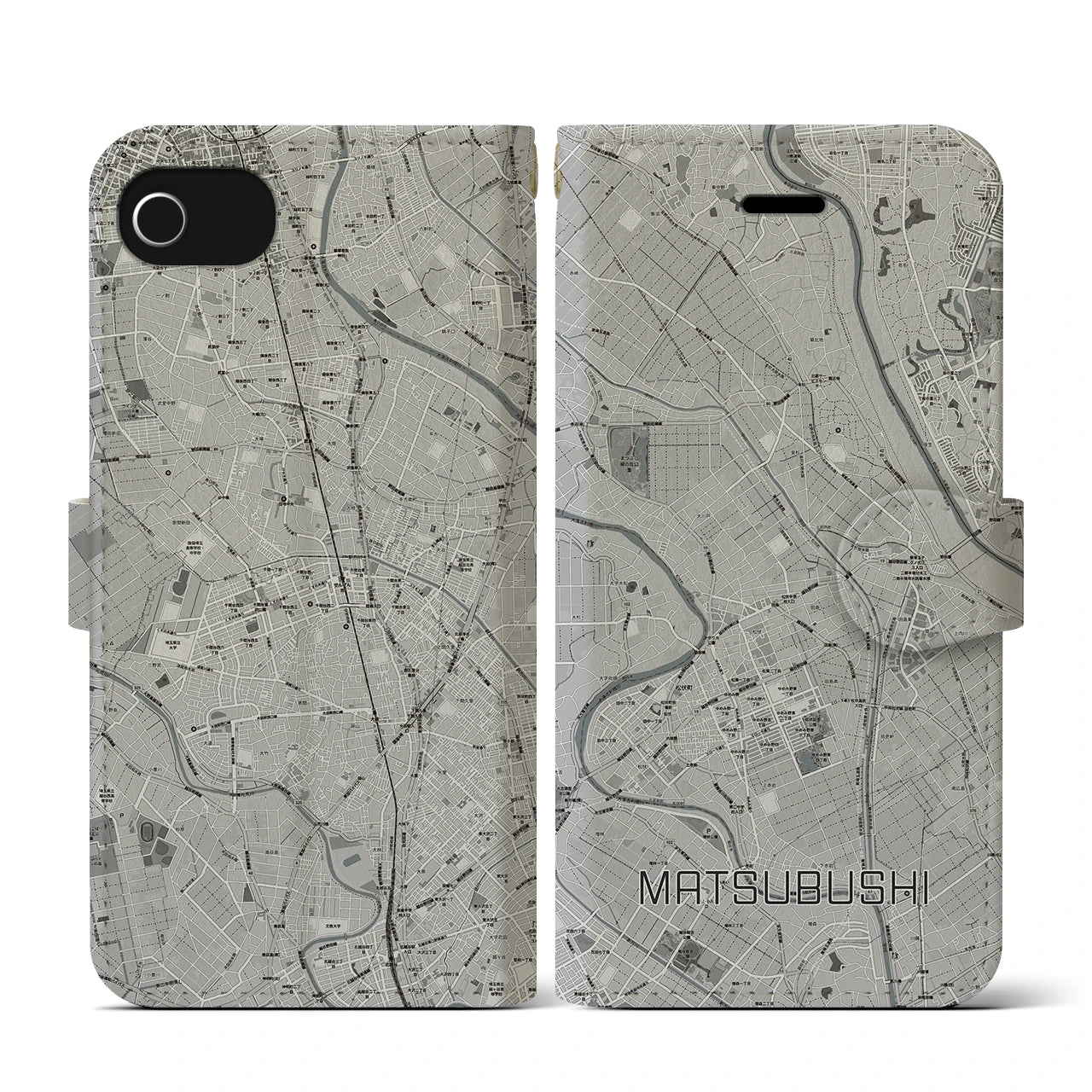【松伏(埼玉県)】地図柄iPhoneケース(手帳タイプ)モノトーン・iPhone SE(第3 / 第2世代) / 8 / 7 / 6s / 6 用