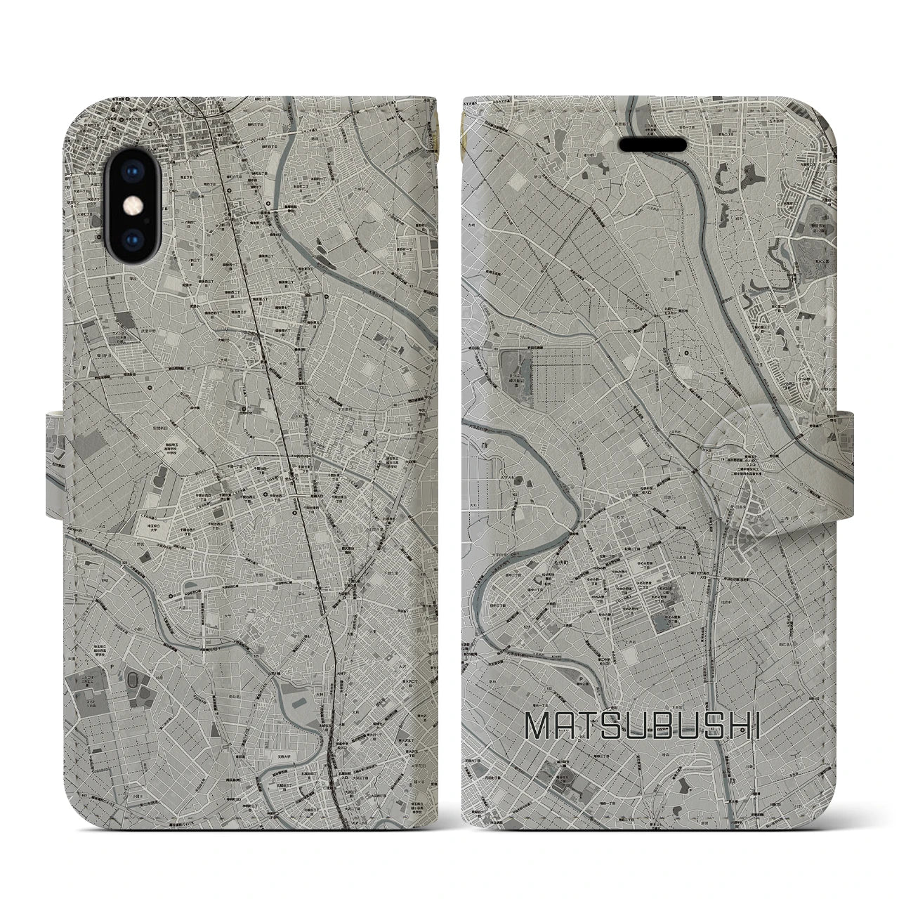 【松伏(埼玉県)】地図柄iPhoneケース(手帳タイプ)モノトーン・iPhone XS / X 用