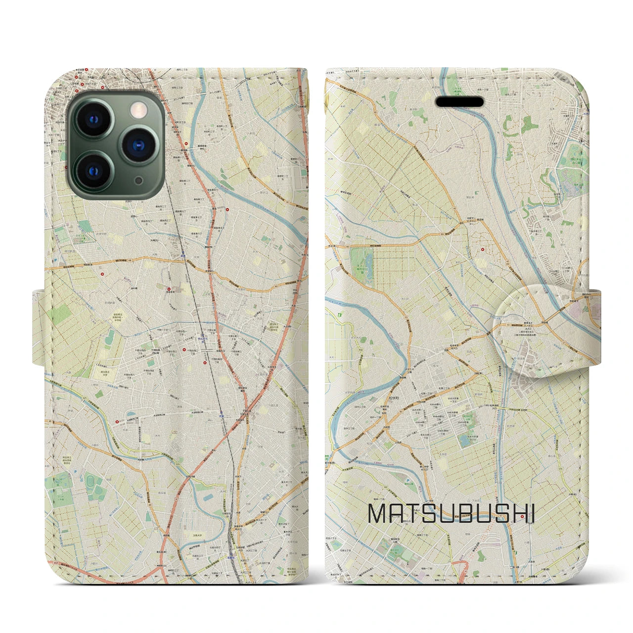 【松伏(埼玉県)】地図柄iPhoneケース(手帳タイプ)ナチュラル・iPhone 11 Pro 用