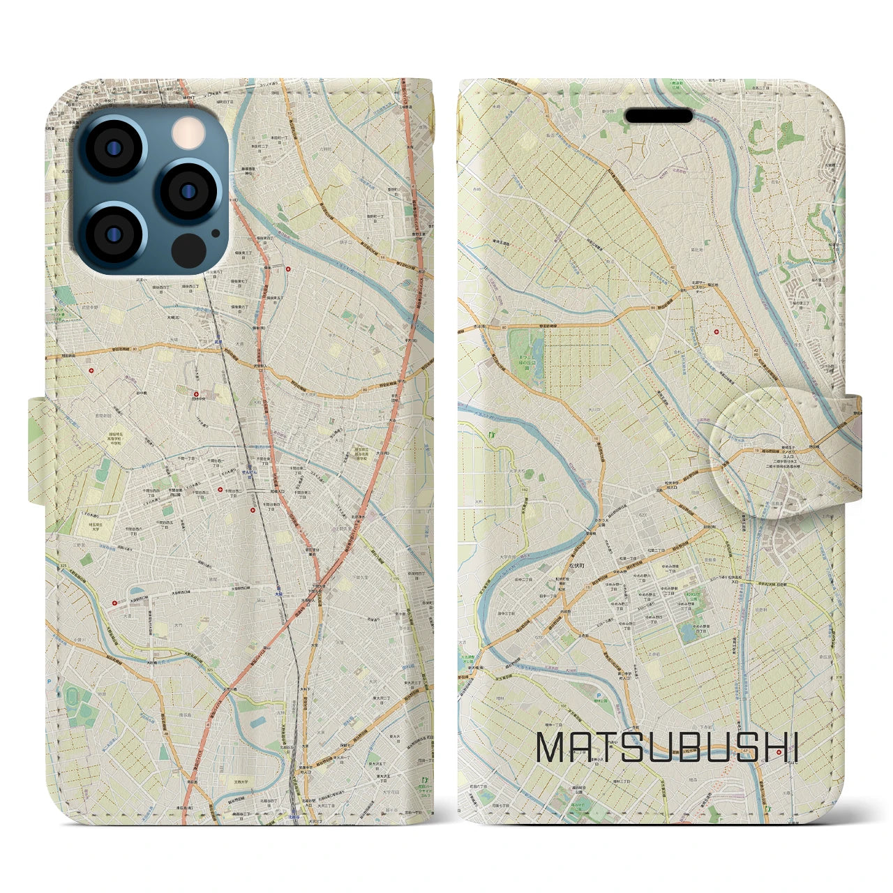 【松伏(埼玉県)】地図柄iPhoneケース(手帳タイプ)ナチュラル・iPhone 12 / 12 Pro 用