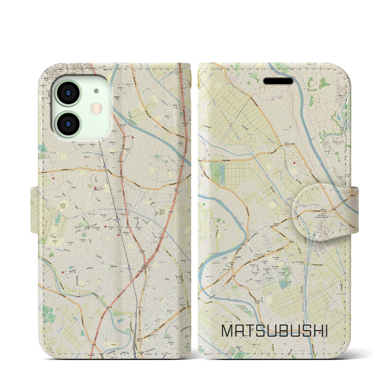 【松伏(埼玉県)】地図柄iPhoneケース(手帳タイプ)ナチュラル・iPhone 12 mini 用