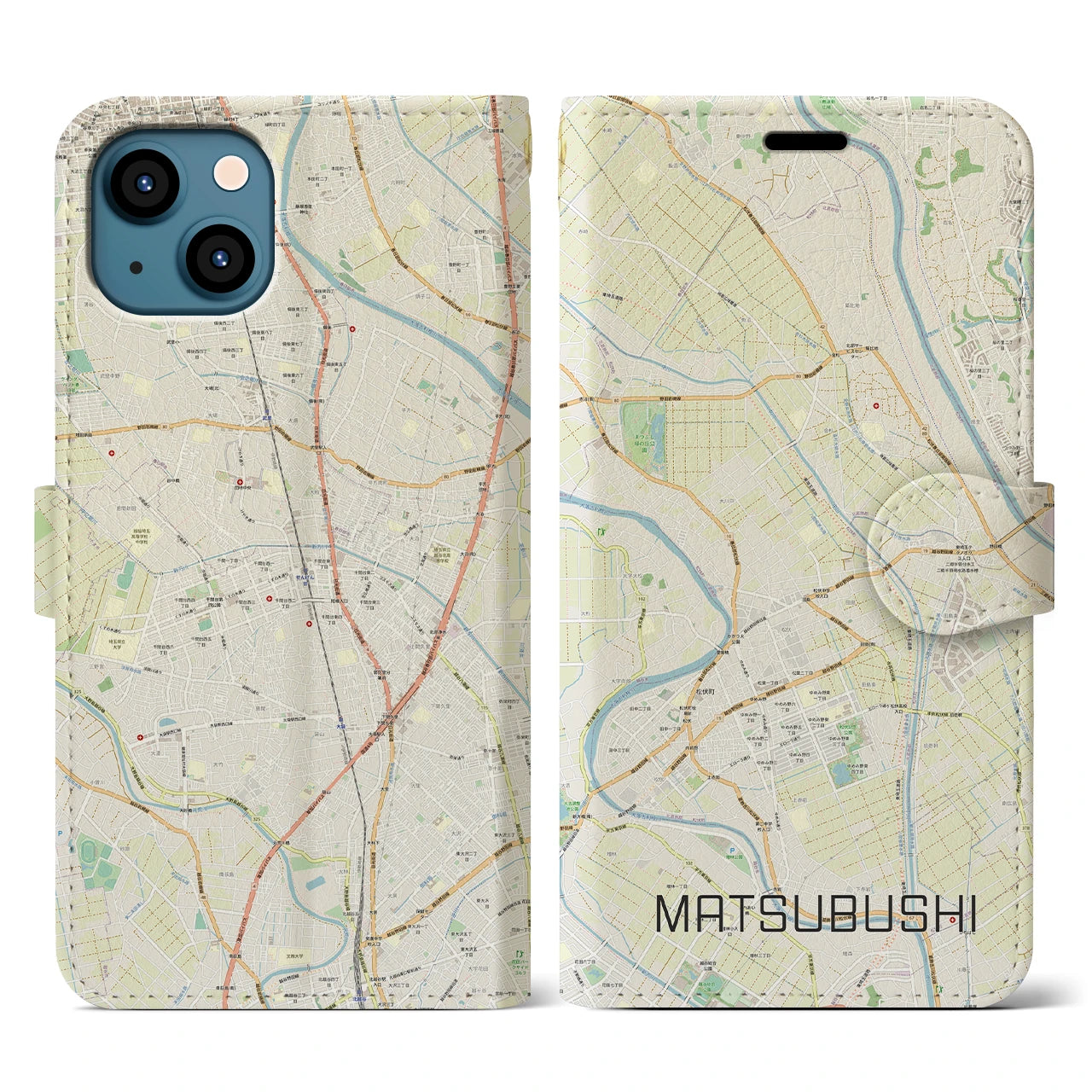 【松伏(埼玉県)】地図柄iPhoneケース(手帳タイプ)ナチュラル・iPhone 13 用