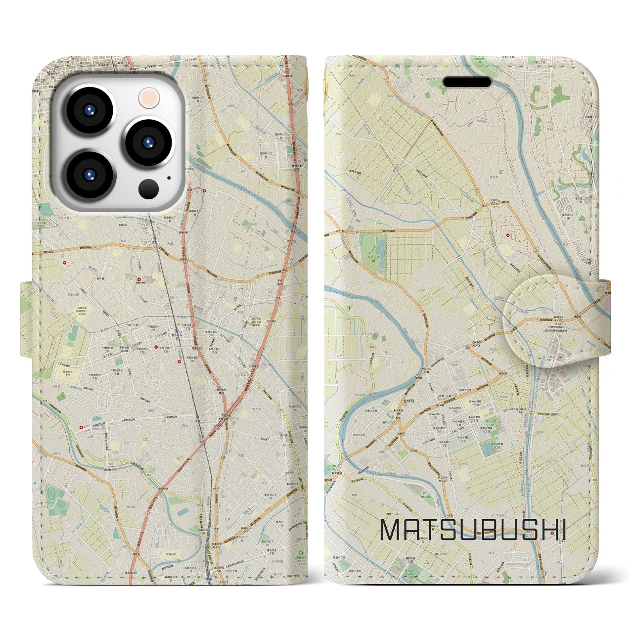 【松伏(埼玉県)】地図柄iPhoneケース(手帳タイプ)ナチュラル・iPhone 13 Pro 用