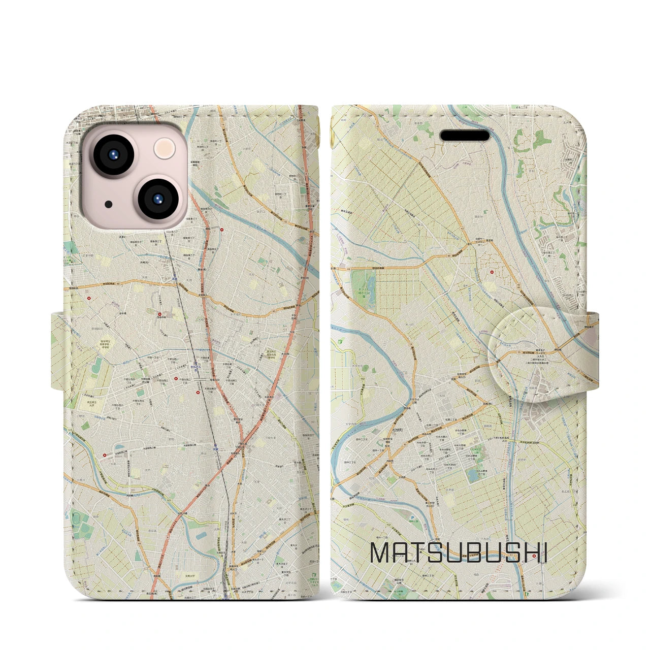 【松伏(埼玉県)】地図柄iPhoneケース(手帳タイプ)ナチュラル・iPhone 13 mini 用