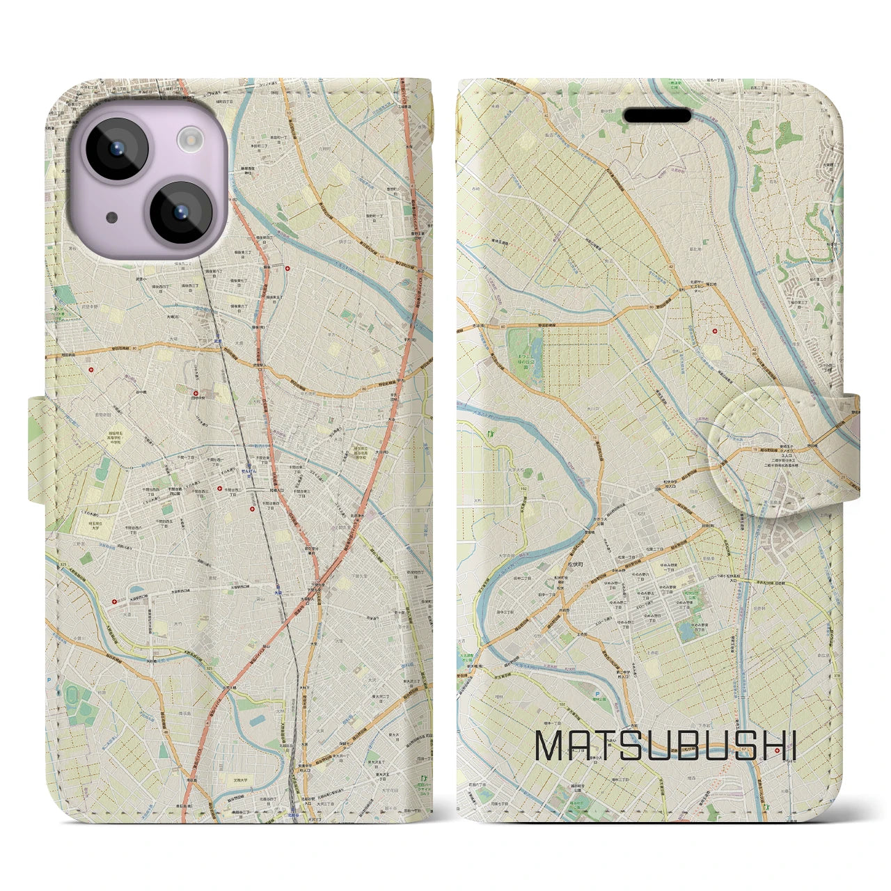 【松伏(埼玉県)】地図柄iPhoneケース(手帳タイプ)ナチュラル・iPhone 14 用