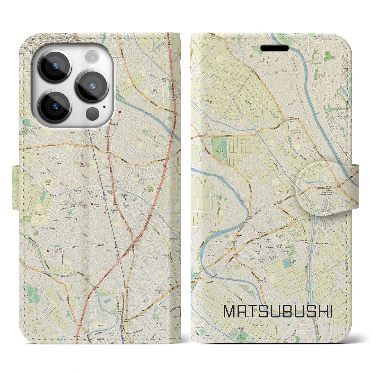 【松伏(埼玉県)】地図柄iPhoneケース(手帳タイプ)ナチュラル・iPhone 14 Pro 用