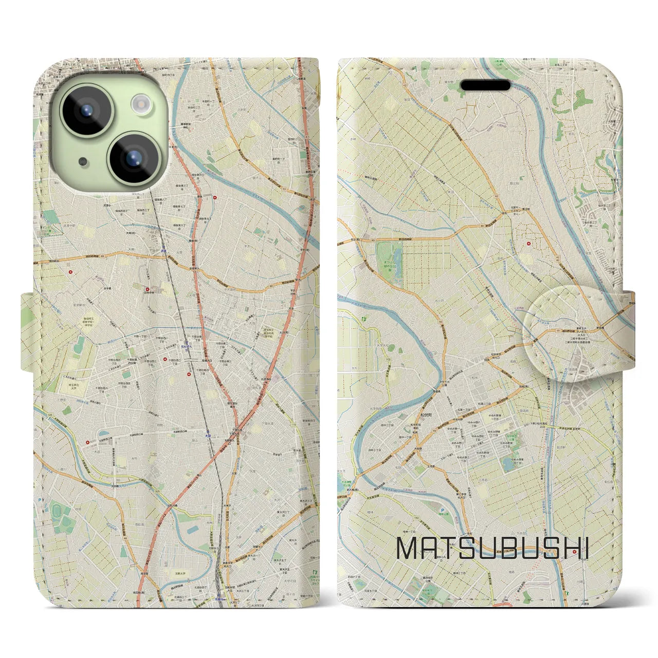 【松伏(埼玉県)】地図柄iPhoneケース(手帳タイプ)ナチュラル・iPhone 15 用