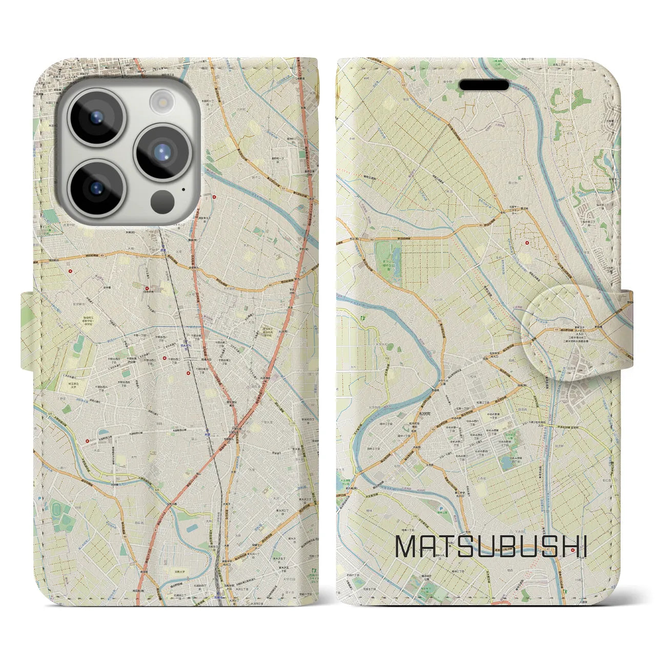 【松伏(埼玉県)】地図柄iPhoneケース(手帳タイプ)ナチュラル・iPhone 15 Pro 用